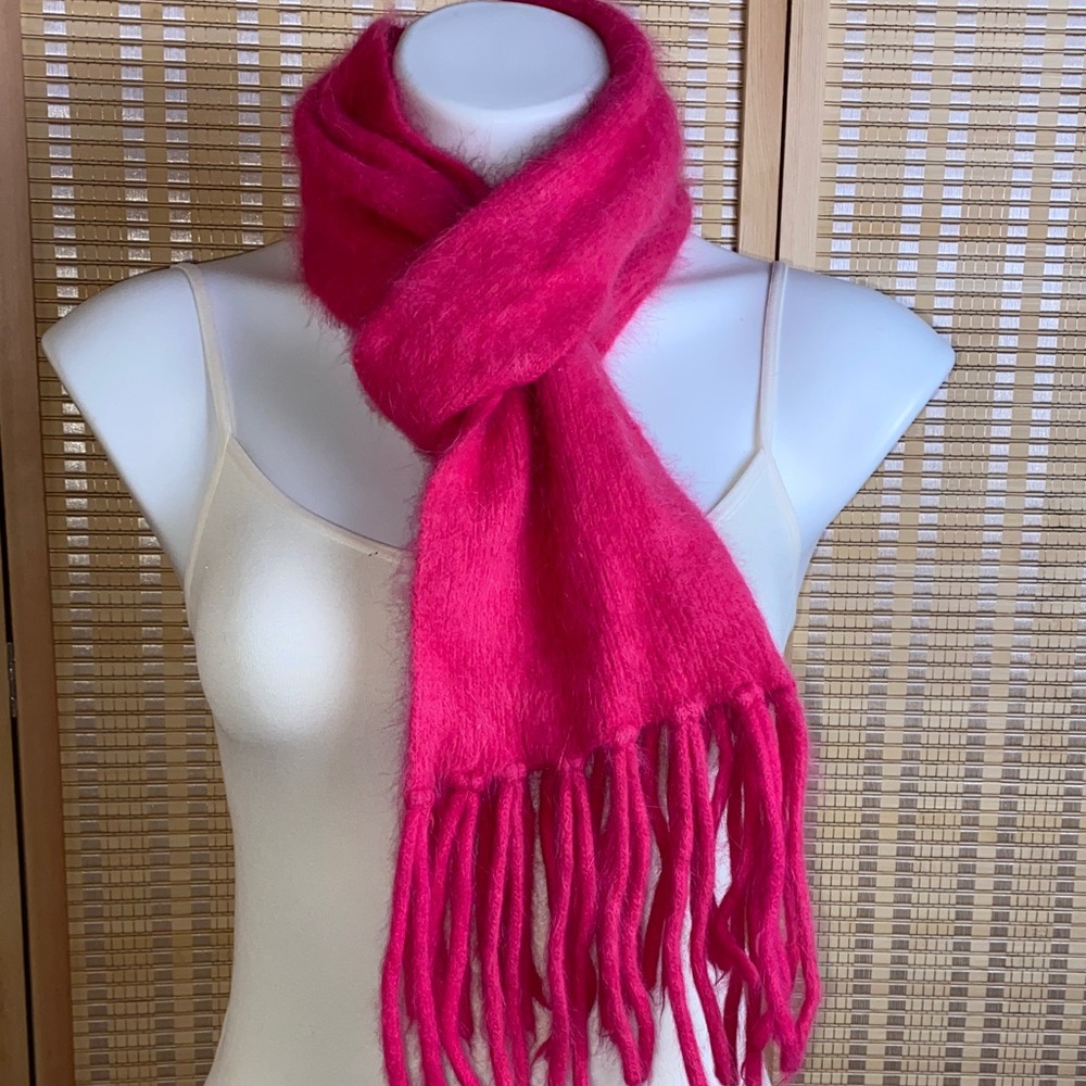Angora Rabbit Hair Scarf Vibrant Pink Fringe Super Soft & Cozy!